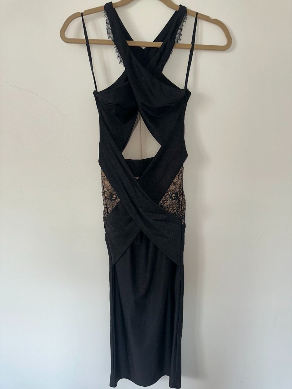 Michael Costello x Revolve Women's Black Nude Lace Halter Bodycon Dress NWT